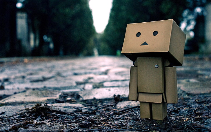fotografía de primer plano de robot de dibujos animados marrón, danboard, cajas, robot, suciedad, pavimento, anticipación, tristeza, otoño, lluvia, Fondo de pantalla HD