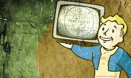 homem levantando ilustração de TV, Fallout, padrões de teste, grafite, Pip-Boy, videogames, HD papel de parede HD wallpaper