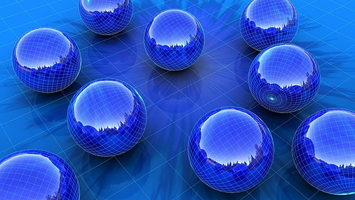 десять синих шариков, цифровое искусство, минимализм, синий, 3D, компьютерная графика, мяч, сфера, квадрат, отражение, синий фон, HD обои