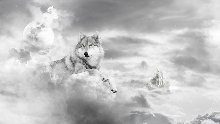 Wolf Castle Clouds HD, fantasy, clouds, wolf, castle, HD wallpaper