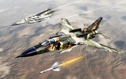 예술 그림, MiG-23 소련 전투기, 로켓, 위장 녹색과 베이지 색 전투기, 예술, 그림, MiG, 전투기, 로켓, HD 배경 화면 HD wallpaper