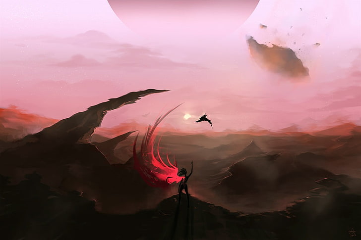 karakter bersayap merah di gunung, sayap, lanskap, seni fantasi, Wallpaper HD