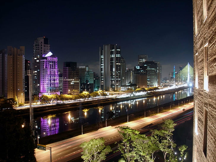 ブラジル、建物、都市、風景、メトロポール、夜、パウロ、川、サン、都市、 HDデスクトップの壁紙