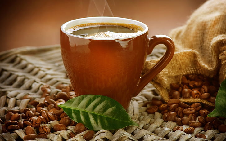 Xícara, café bebida, vapor, grãos de café, folha, Copa, café, bebida, vapor, feijão, folha, HD papel de parede
