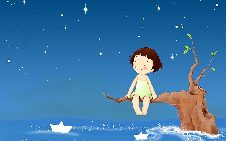 dziewczyna siedząca na drzewie ilustracja, dziecko, woda, gałąź, łódka, Tapety HD