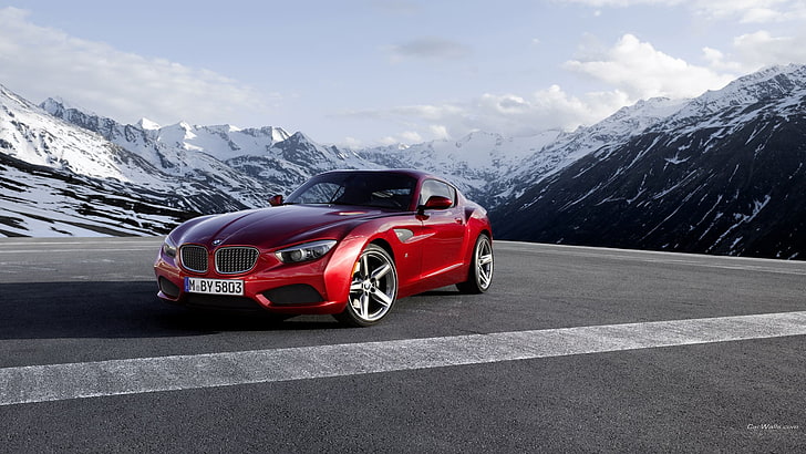 red and black car bed, BMW Z4, BMW, coupe, red cars, mountains, HD wallpaper