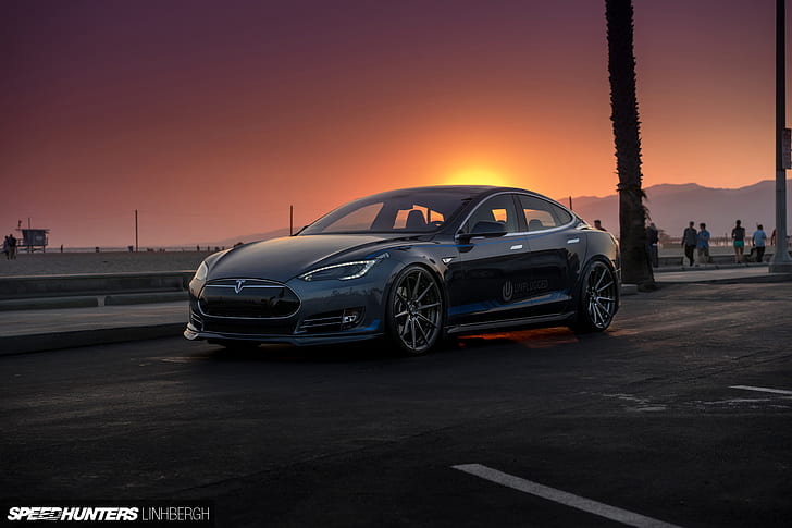 Tesla Sunset HD, blå sedan, bilar, solnedgång, tesla, HD tapet
