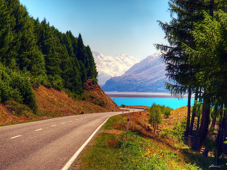 body of water across asphalt road under clear blue sky, lake pukaki, mt cook, lake pukaki, mt cook, lake pukaki, mt cook, body of water, asphalt, sky  lake, lake  pukaki, mt  cook, nz, new zealand, road, water, mountains, grass  trees, snow, glacier  ice, ground, leafs, passage, lookout, forest, peaks, clean, vivid, cyan  blue, blue  color, outdoors, nature, path, dex, mountain, landscape, scenics, autumn, travel, tree, lake, HD wallpaper