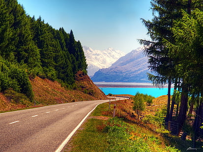 body of water across asphalt road under clear blue sky, lake pukaki, mt cook, lake pukaki, mt cook, lake pukaki, mt cook, body of water, asphalt, sky  lake, lake  pukaki, mt  cook, nz, new zealand, road, water, mountains, grass  trees, snow, glacier  ice, ground, leafs, passage, lookout, forest, peaks, clean, vivid, cyan  blue, blue  color, outdoors, nature, path, dex, mountain, landscape, scenics, autumn, travel, tree, lake, HD wallpaper HD wallpaper