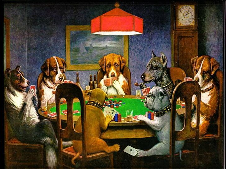 Кучета, играещи покер, забавни, HD тапет