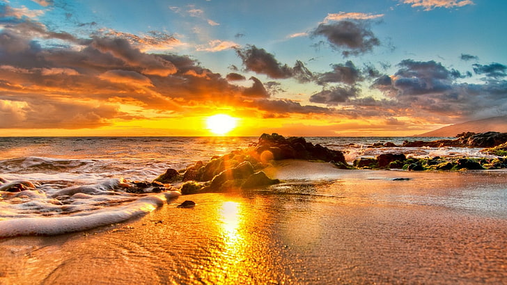 sky, shore, horizon, sunset, reflection, coast, ocean, water, sunlight, wave, foam, cloud, hawaii, usa, kihei, HD wallpaper