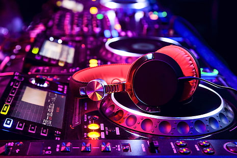 black headphones, music, headphones, DJ, lights, HD wallpaper HD wallpaper