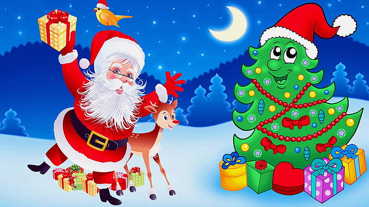 santa claus, christmas, gifts, christmas decoration, christmas tree, cartoon, art, holiday, illustration, christmas day, december, HD wallpaper