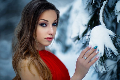 портрет, брюнетка, макияж, женщины, модель, накрашенные ногти, голубые глаза, HD обои HD wallpaper