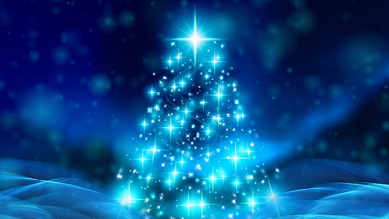 blue, christmas, christmas tree, stars, glow, shine, shining, glowing, starry, xmas, HD wallpaper HD wallpaper