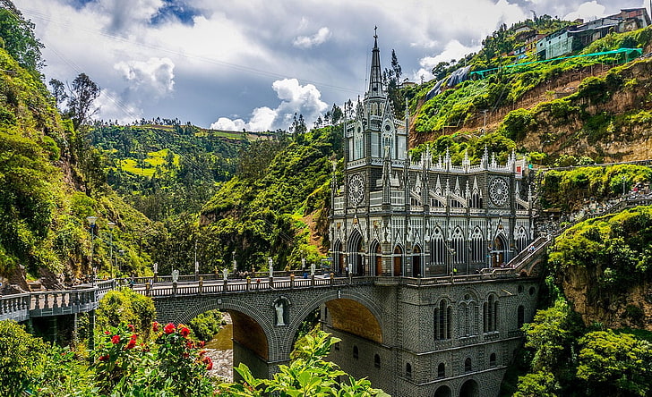 white and grey castle, nature, landscape, architecture, castle, tower, trees, forest, Las Lajas, Colombia , South America, bridge, church, hills, mountains, rock, clouds, sky, flowers, house, sculpture, HDR, HD wallpaper