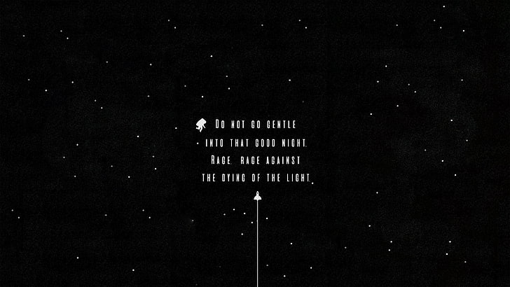 sfondo nero con sovrapposizione di testo, citazione, stelle, poesia, Dylan Thomas, Sfondo HD