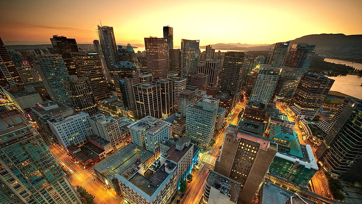 vancouver, cityscape, city, british columbia, metropolis, skyline, skyscraper, canada, sunset, sky, night, orange sky, downtown, building, tower block, orange sunset, HD wallpaper