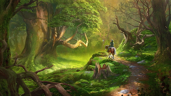Link, floresta, pintura, obra de arte, Video Game Art, The Legend of Zelda, navi, árvores, verde, HD papel de parede HD wallpaper