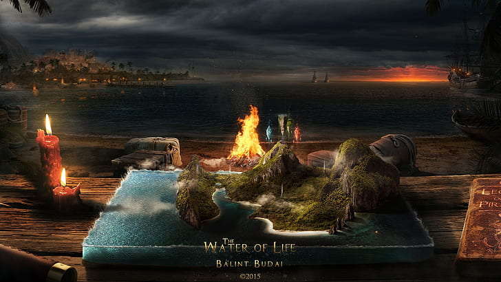 magie île éléments de la vie mer nassau bougies tonneaux bateau palmiers livres nuit feu de camp, Fond d'écran HD