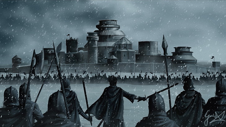 group of people at war illustration, Game of Thrones, Winterfell, Stannis Baratheon, war, army, snow, winter, artwork, A Song of Ice and Fire, fan art, digital art, fantasy art, warrior, HD wallpaper