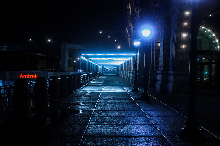 kota, gelap, lampu, lampu, malam, jalur, jalan, stasiun kereta api, Wallpaper HD