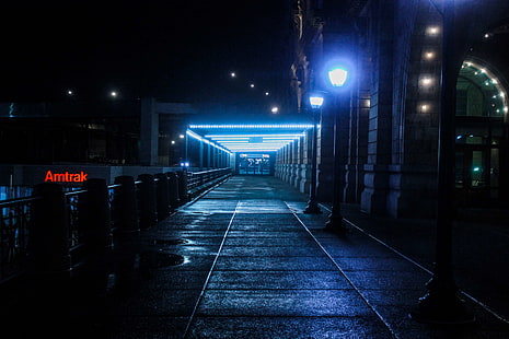 miasto, ciemność, lampy, światła, noc, ścieżka, ulica, stacja kolejowa, Tapety HD HD wallpaper