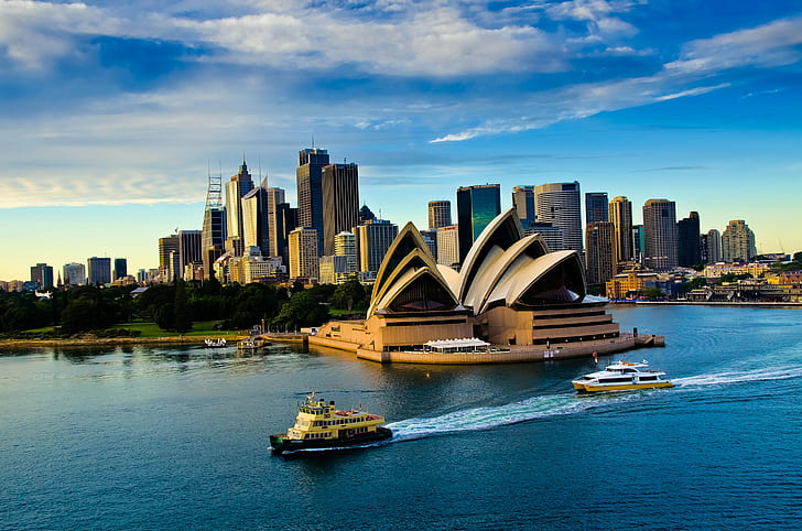 Operntheater in Sydney, Opernhaus Sydney, Australien, Sydney, Australien, Abend, Theater, Oper, Himmel, Wolken, Meer, Schiff, HD-Hintergrundbild