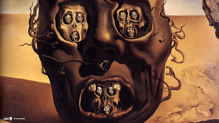 peinture abstraite, Salvador Dalí, peinture, art fantastique, crâne, guerre, horloges, temps, surréaliste, Fond d'écran HD