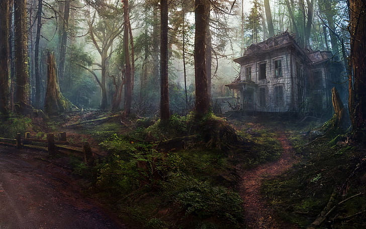 Фантазия, къща, изоставена, гора, стара, HD тапет