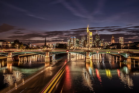 橋、ライト、川、建物、ドイツ、夜の街、フランクフルトアムマイン、マイン川、メイン川、 HDデスクトップの壁紙 HD wallpaper