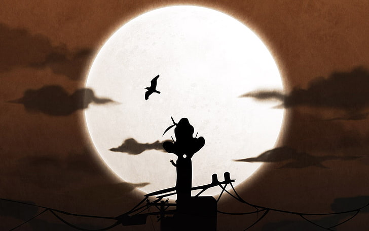 silueta del hombre en la ilustración del poste, Naruto Shippuuden, Uchiha Itachi, silueta, Luna, líneas eléctricas, anime, Fondo de pantalla HD