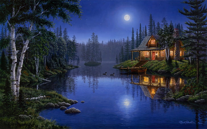 light, moon, house, forest, night, lake, painting, moonlight, Mark Daehlin, ducks, Moonlight Serenade, HD wallpaper