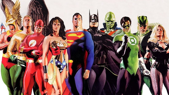 DC Justice League illustration, comics, hero, DC Comics, Superman, Batman, Wonder Woman, Aquaman, Green Arrow, Green Lantern, The Flash, Alex Ross, HD wallpaper HD wallpaper