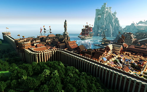 fondo de pantalla de la ciudad, Minecraft, videojuegos, WesterosCraft, House Lannister, A Song of Ice and Fire, render, Fondo de pantalla HD HD wallpaper