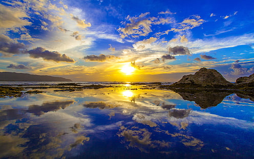 Gold Sun Reflection Северный берег Оаху на Гавайях Страна в Северной Америке HD обои для мобильных телефонов планшет и ноутбук 3840 × 2400, HD обои HD wallpaper