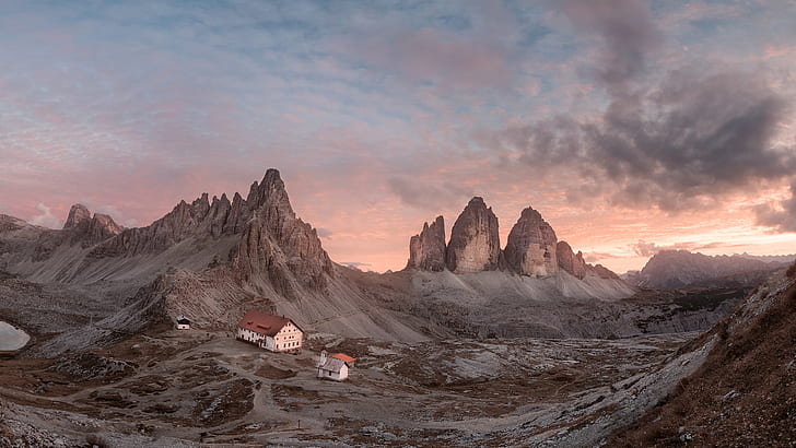พระอาทิตย์ตกใน Sexten Dolomites Tyrol อิตาลี Paternkofel ซ้าย Paternkofel และ Tre Cime Di Lavaredo ภูเขาแนวนอนวอลเปเปอร์ HD สำหรับแท็บเล็ตเดสก์ท็อปและโทรศัพท์มือถือ, วอลล์เปเปอร์ HD
