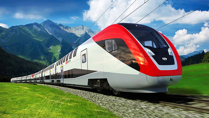 white and red train, vehicle, nature, hills, clouds, train, modern, railway, Canada, mountains, snowy peak, grass, field, motion blur, HD wallpaper