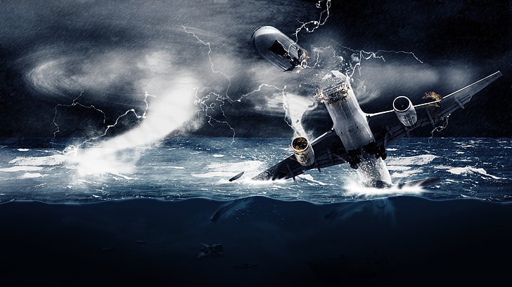 white airplane crashed on body of water digital wallpaper, storm, airplane, crash, HD wallpaper