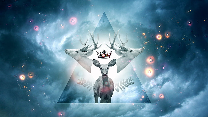 deer with crown and triangle illustration wallpaper, the sky, stars, Paradise, deer, crown, figure, HD wallpaper