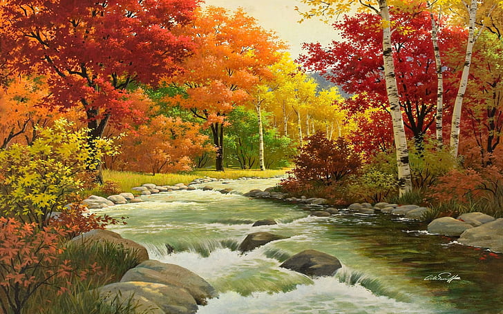 Flowing River Nature Fall Wallpaper, HD tapet