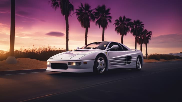 KI-Kunst, Ferrari Testarossa, Palmen, Sonnenuntergang, Sportwagen, lila, HD-Hintergrundbild
