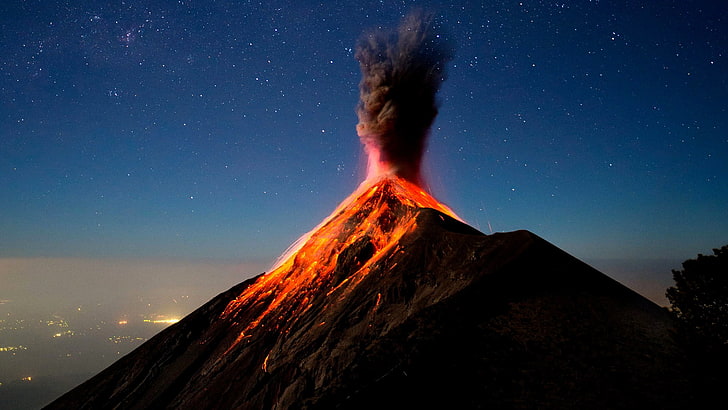 иллюстрация вулкана, извержение вулкана, HD обои