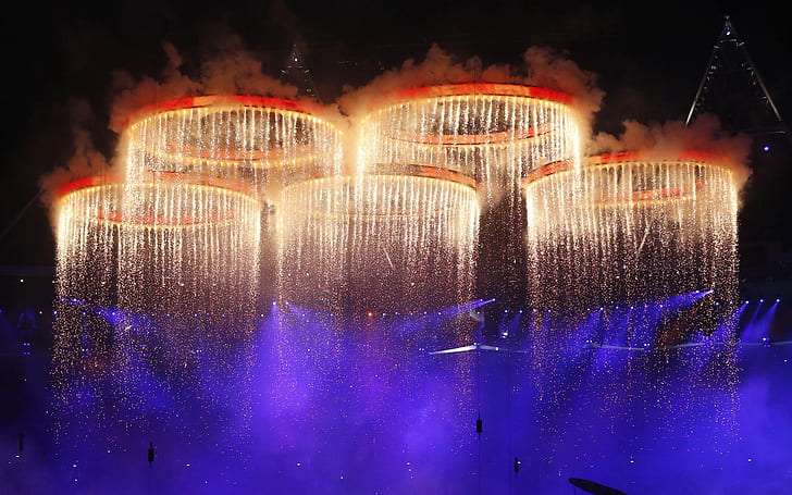 Cerimonia di apertura dei Giochi Olimpici di Londra, fuochi d'artificio pentaciclici, cinque docce d'acqua a palcoscenico, Londra, Olimpiadi, fuochi d'artificio, pentaciclici, Sfondo HD