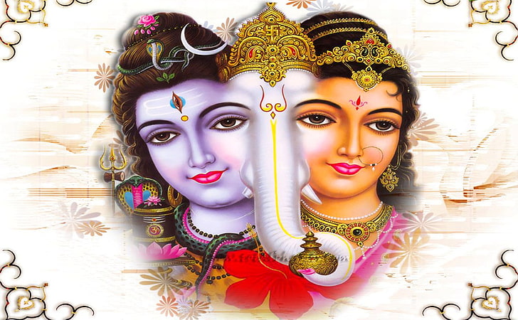 Бог Шива Първати, илюстрация на три индуистки божества, Бог, Господ Шива, Ганеша, Шива, Господар, Парвати, HD тапет