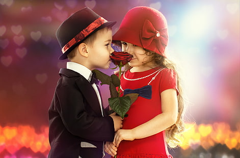 мальчик и девочка в строгом костюме и платье с розой в центре, милый мальчик, милая девушка, предложение, красная роза, пара, 5K, HD обои HD wallpaper