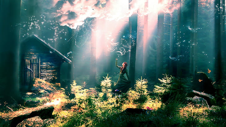 Hada niña en el bosque, mujer en el bosque fondo de pantalla, Hada, Niña, Bosque, Fondo de pantalla HD