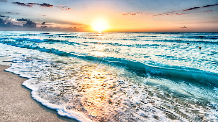 sea, beach, horizon, ocean, wave, water, sky, sunlight, wind wave, sunrise, shore, coast, morning, dawn, HD wallpaper