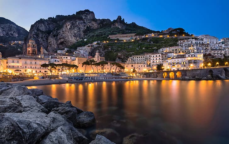 mountains, the city, rocks, building, home, the evening, lighting, Italy, Amalfi, Frank Fischbach, HD wallpaper