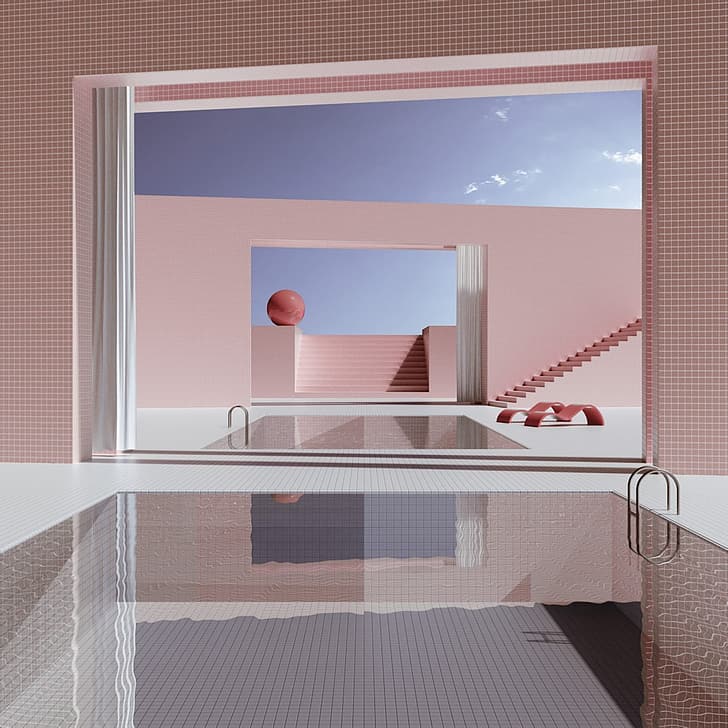 água, céu, nuvens, azulejos, rosa, 3D, branco, escadas, liminar, surreal, HD papel de parede